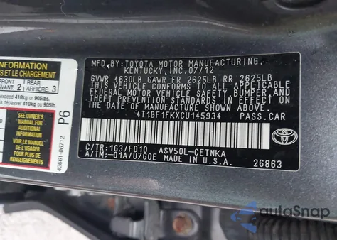 2012 Toyota Camry Le z USA, uszkodzony, nr VIN 4T1BF1FKXCU145934